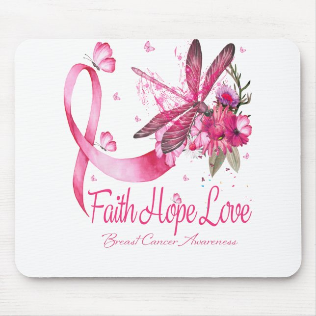 Tapis De Souris Faith Hope Love Dragonfly Ribbon Cancer du sein (Devant)