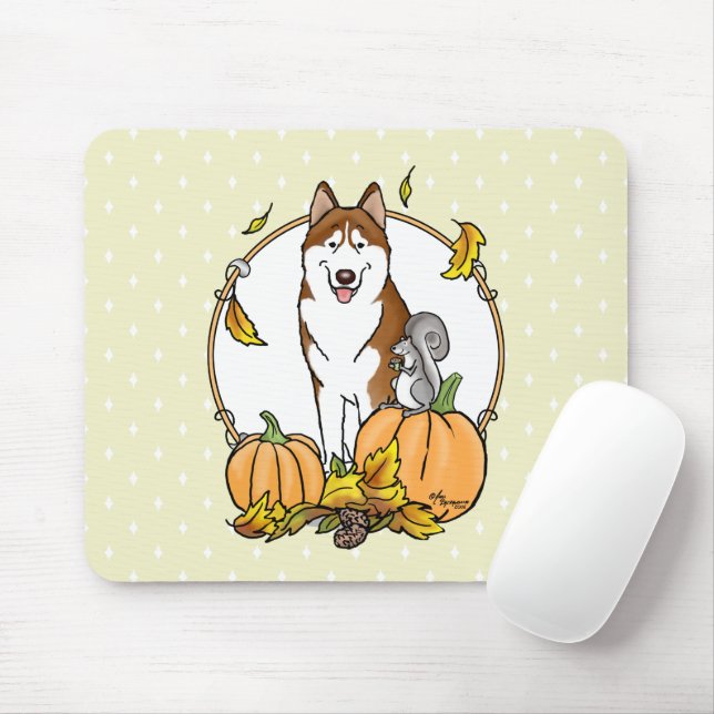 Tapis De Souris Fall Siberian Husky (red) Pumpkins Leaves Cute (Avec souris)
