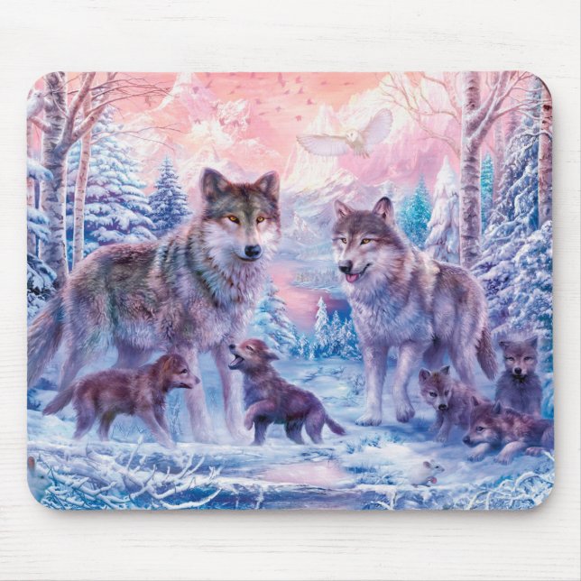 Tapis De Souris Famille De Loups Peinture (Devant)