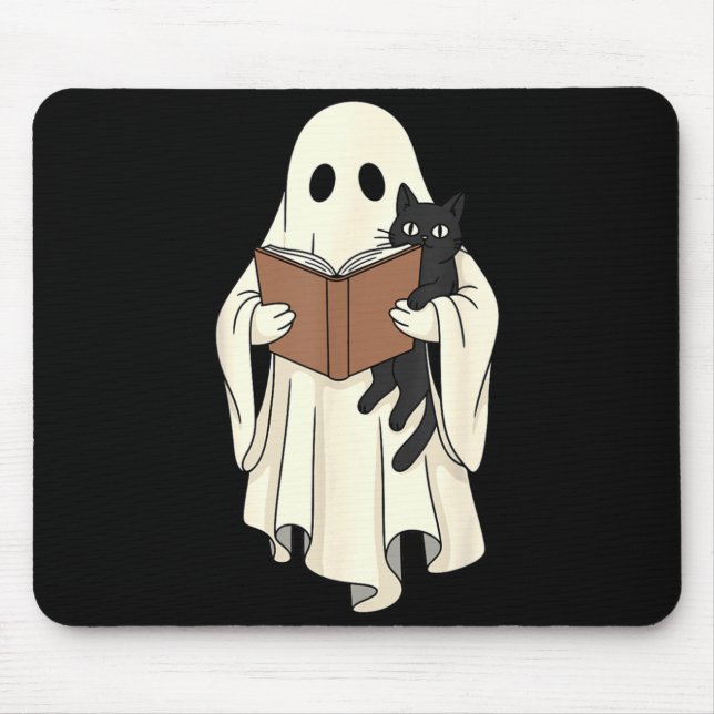 Tapis De Souris Fantôme et chat noir lisant Halloween (Devant)