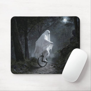 Tapis De Souris Fantôme faisant du monocycle dans une forêt inquié