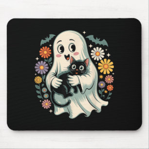 Tapis De Souris Fantôme Fleur Groovy Tenant Chat Noir Halloween