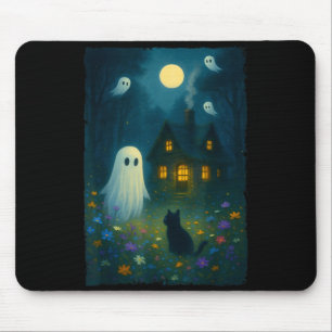 Tapis De Souris Fantôme Floral Vintage Chat Noir Halloween Fantôme