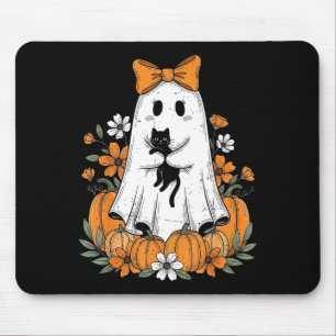 Tapis De Souris Fantôme mignon de Halloween rétro tenant une flore