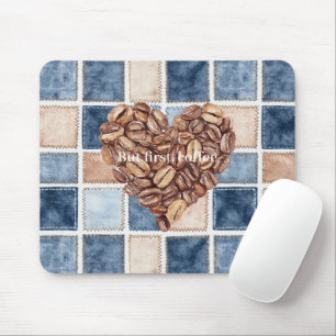 Tapis De Souris Faux Blue Denim Crème Premiers Grains de Café Cœur
