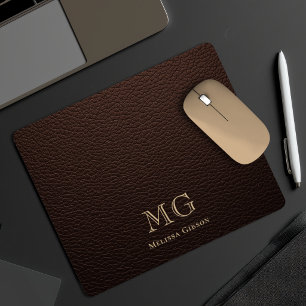 Tapis De Souris Faux Cuir Marron Foncé Initiales Dorées
