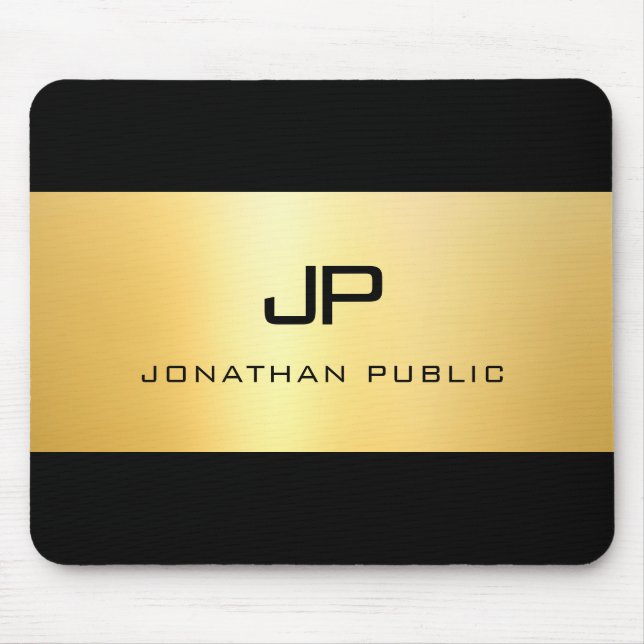 Tapis De Souris Faux Gold Black Moderne Élégant Modèle Monogramme (Devant)