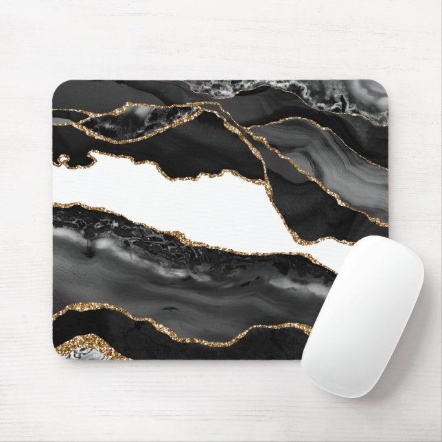 Tapis De Souris Faux Marbré Agate Noir Stylish Pierre Or Luxe (Avec souris)