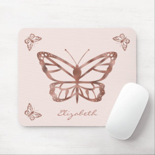 Tapis De Souris Faux Rose Gold Foil Look Papillons et texte person
