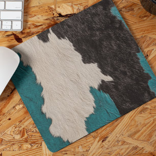 Tapis De Souris Faux Vache en cuir turquoise tachetée fourrure cac