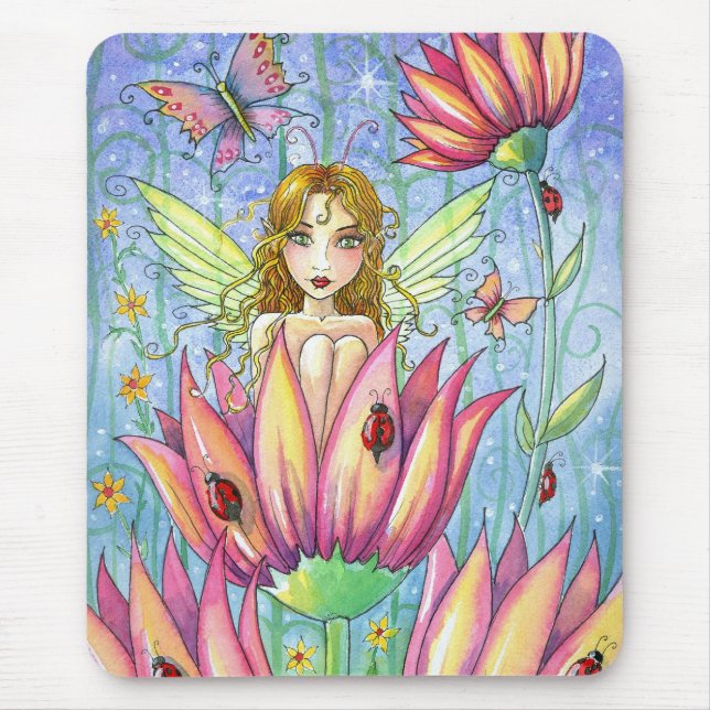 Tapis de souris Fée à la fleur rose par Molly Harr (Devant)