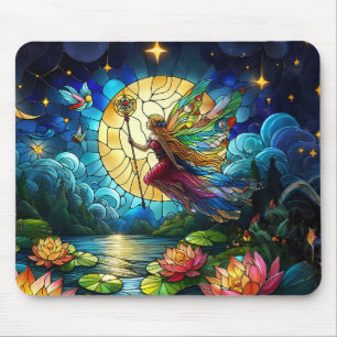 Tapis De Souris Fée de vol au clair de lune en vitrail