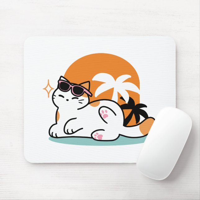 Tapis De Souris Feline fin au soleil - Chat Tropical relaxé (Avec souris)
