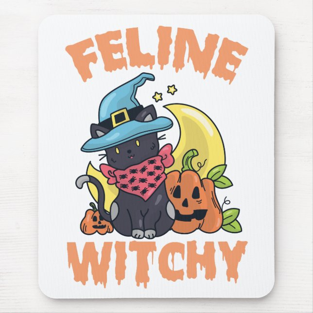 Tapis De Souris Feline Witchy Funny Éffrayant Halloween Chat Kitte (Devant)