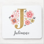 Tapis De Souris Feminine Monogram Initial Pink Gold Letter J<br><div class="desc">A beautiful,  feminine monogrammed pink floral mouse pad,  featuring pink flowers and a faux gold monogram letter J. Personalize the mouse pad by adding your name underneath the monogram. Makes a fun gift for a friend or for a bridesmaid gift. Designed for you by Blackberry Boulevard.</div>