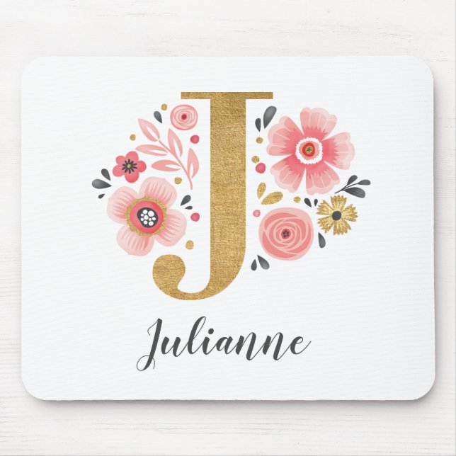 Tapis De Souris Feminine Monogram Initial Pink Gold Letter J (Devant)