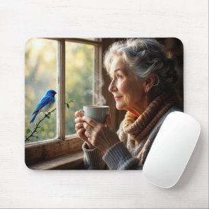 Tapis De Souris Femme âgée regardant un oiseau bleu