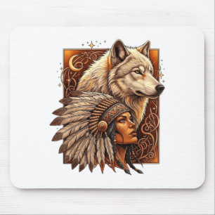Tapis De Souris Femme amérindienne indienne avec Vitag loup blanc
