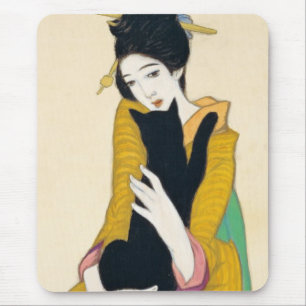Tapis De Souris Femme avec chat noir, Yumeji Takehisa