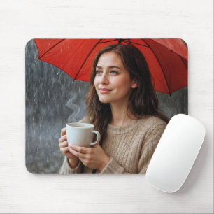 Tapis De Souris Femme avec une coupe de café chaud sous un paraplu