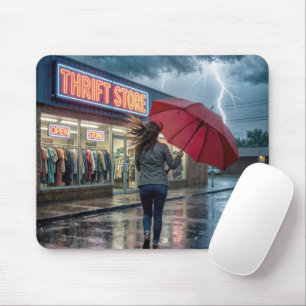 Tapis De Souris Femme courant vers un magasin d'occasion dans une