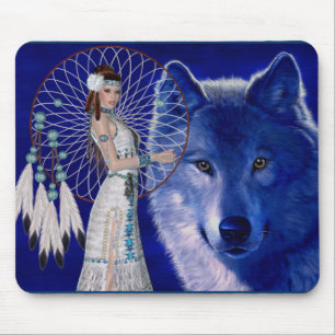 Tapis De Souris Femme de Natif américain et conception bleue de
