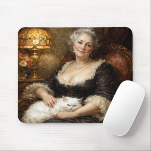 Tapis De Souris Femme élégante baroque avec chat blanc