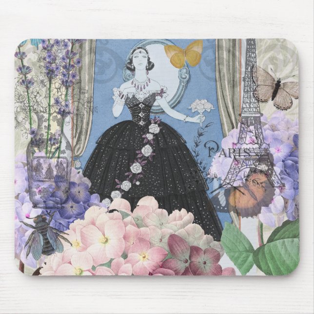 Tapis De Souris Femme élégante bleue Robe florale fantaisie  (Devant)