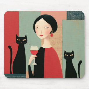 Tapis De Souris Femme Élégante Chats Noirs et Vin