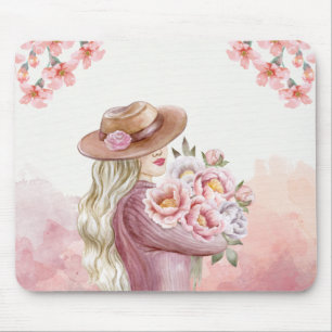 Tapis De Souris femme élégante florale vintage aquarelle blanche e