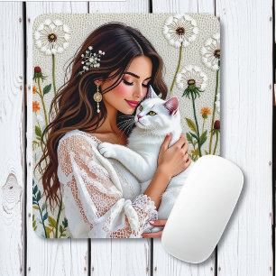 Tapis De Souris Femme et chat blanc et pissenlits