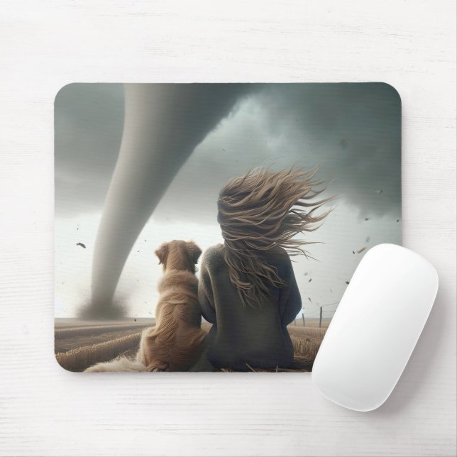 Tapis De Souris Femme et chien observant une tornade (Avec souris)
