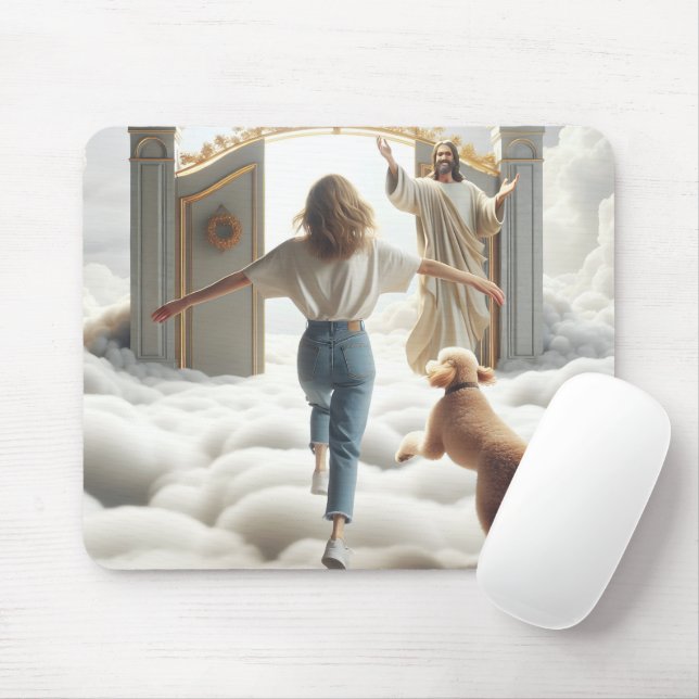 Tapis De Souris Femme et Labradoodle à la porte du Ciel (Avec souris)
