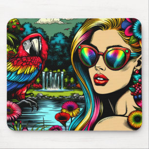 Tapis De Souris Femme et perroquet dans le Park Pop Art