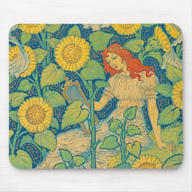 Tapis De Souris Femme-fille de fleurs dans le jardin de tournesol (Devant)