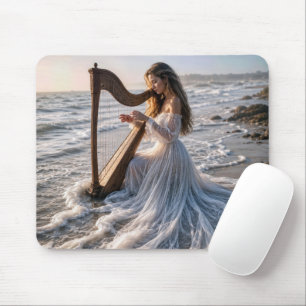 Tapis De Souris Femme jouant de la harpe dans l'eau de l'océan