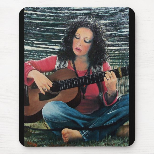 Tapis De Souris Femme Jouant De La Musique Avec Guitare Acoustique (Devant)