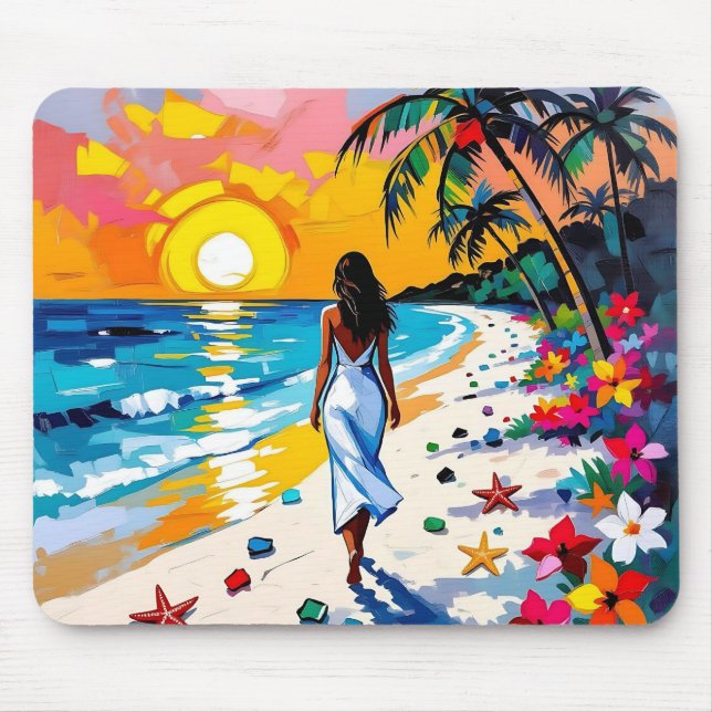 Tapis De Souris Femme sur la scène de plage tropicale (Devant)