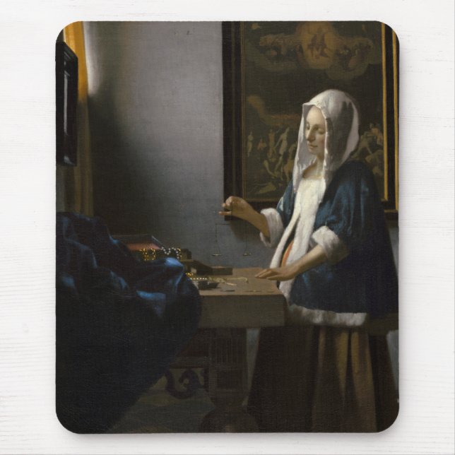 Tapis De Souris Femme tenant un équilibre par Johannes Vermeer (Devant)
