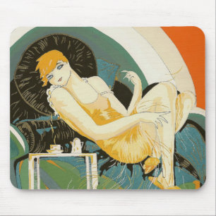 Tapis De Souris Femme vintage Art déco allongée sur un canapé, Cho