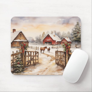 Tapis De Souris Ferme vintage avec chevaux en hiver