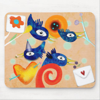Tapis De Souris Fête d'anniversaire orange oiseaux cœur