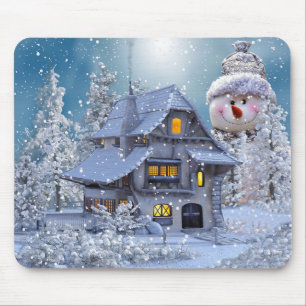Tapis De Souris Fête de Noël Hiver Blanc Bonhomme de Neige Bleu