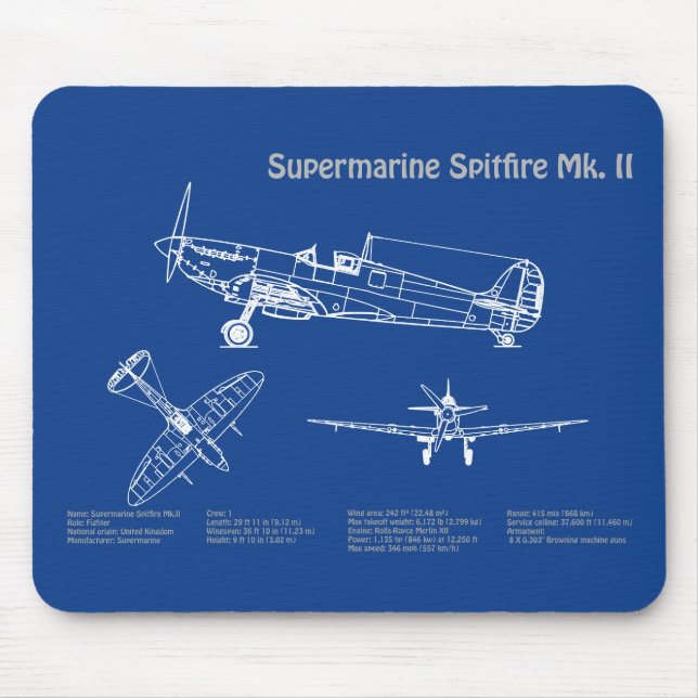 Tapis De Souris Feu Spitfire Supermarine - Plan directeur de l'avi (Devant)