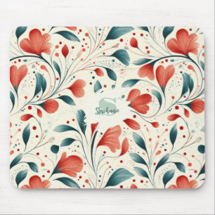 Tapis De Souris Feuille bleue blanche et motif floral rouge