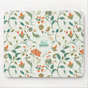 Tapis De Souris Feuilles bleu vintage et motifs floraux orange
