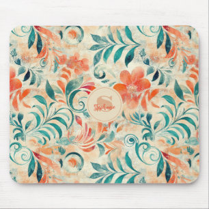 Tapis De Souris Feuilles bleus rustiques et motifs floraux rouge-o