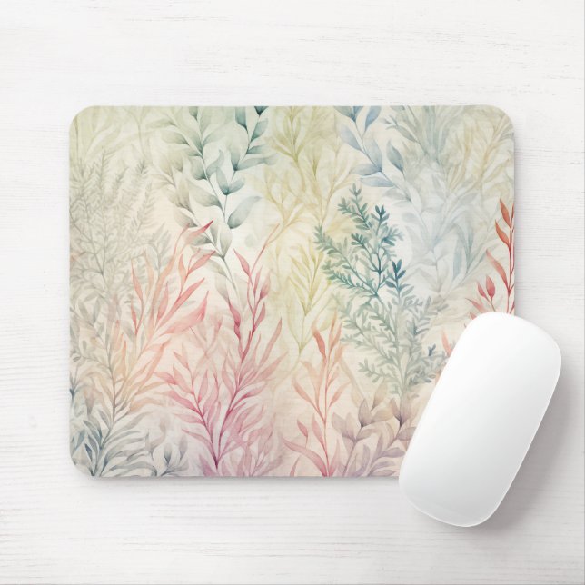 Tapis De Souris Feuilles de feuillage pastel à l'aquarelle   (Avec souris)