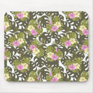 Tapis De Souris Feuilles de jungle tropicale et motif d'hibiscus