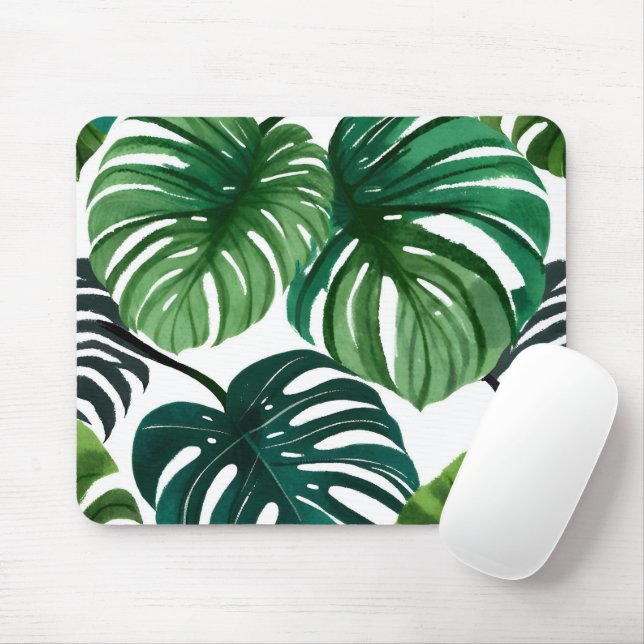 Tapis De Souris Feuilles de Monstera | Aquarelle Moderne Simple (Avec souris)